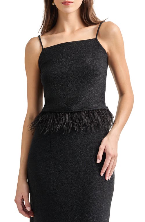 Misook Modern Fit Ostrich Feather Trim Stretch Woven Tank In Black