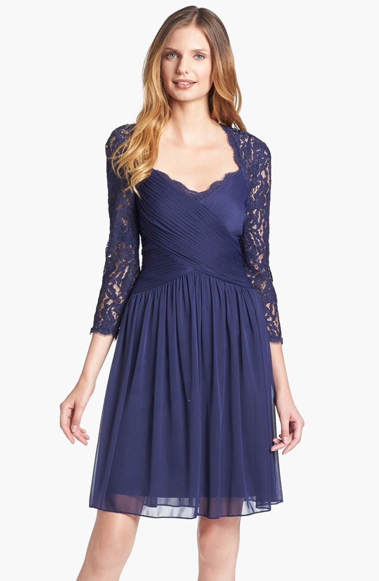Adrianna Papell Lace Sleeve Mesh Fit & Flare Dress | Nordstrom