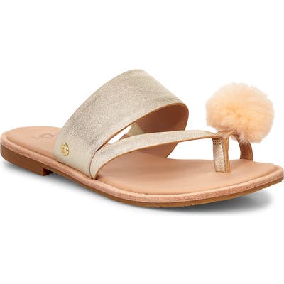 Ugg Hadlee Genuine Shearling Pom Sandal- Metallic