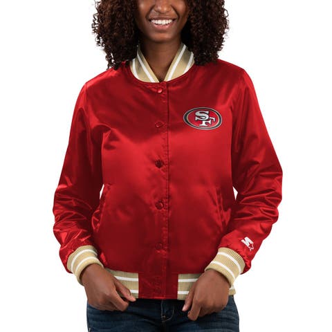 Women's Starter Royal/Red Philadelphia 76ers Split Colorblock Satin Full-Snap Varsity Jacket Size: Large