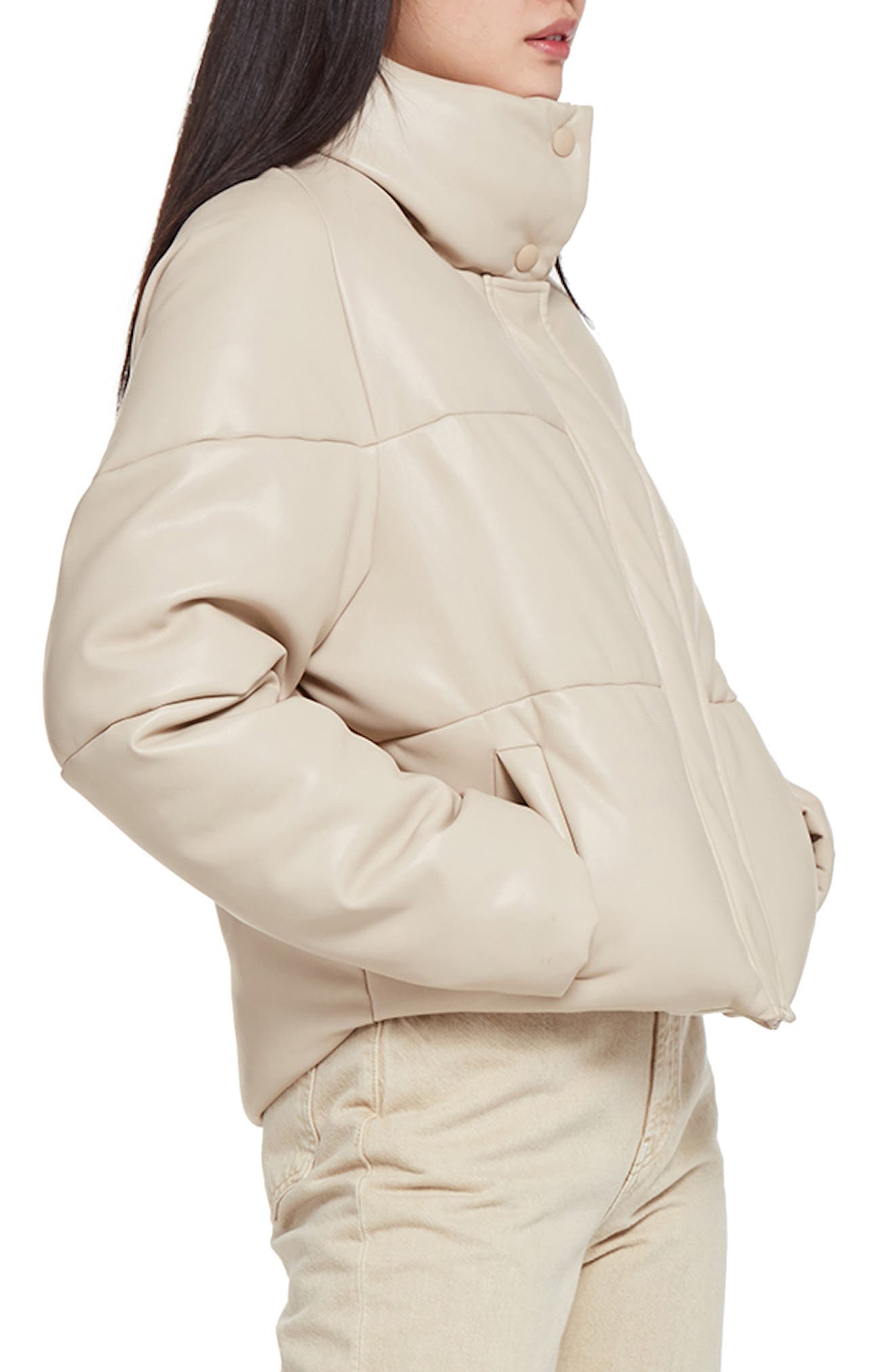 leather puffer jacket beige