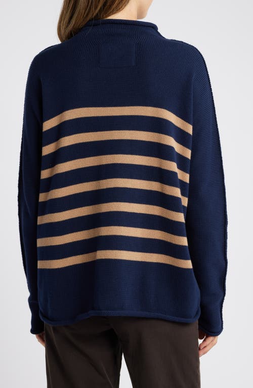 Frank & Eileen Monterey Stripe Cotton Funnel Neck Sweater In Navy W/camel Stripe