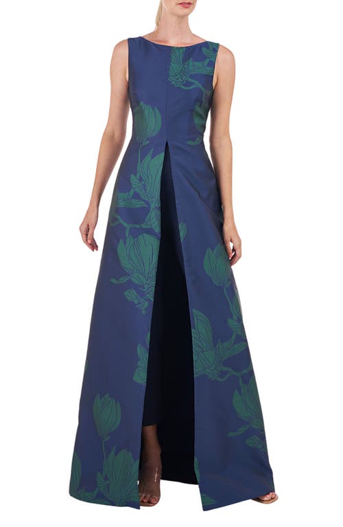 Kay Unger Lorena Floral Maxi Jumpsuit In Blue