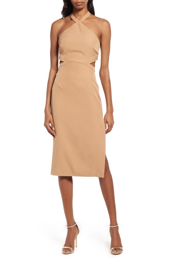 Bardot Amara Cutout Halter Midi Cocktail Dress In Beige