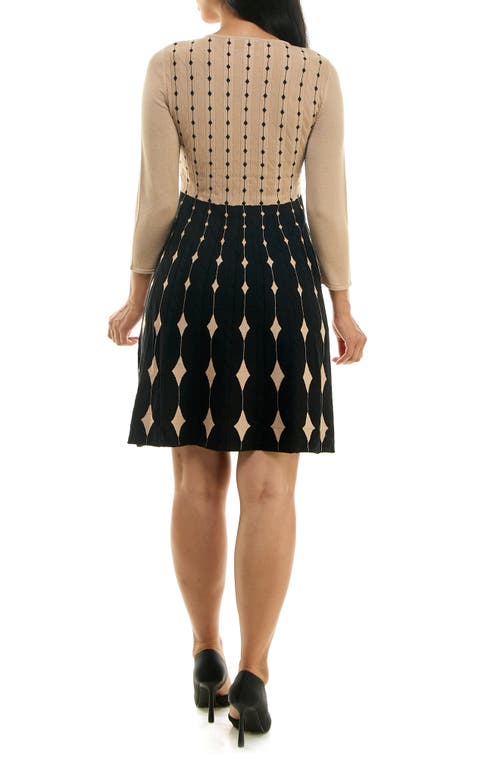 Nina Leonard Two-tone Fit & Flare Sweater Dress In Tan/black