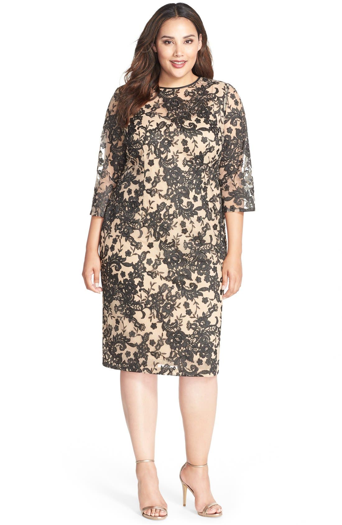 Alex Evenings Embroidered Sheath Dress with Illusion Yoke & Sleeves