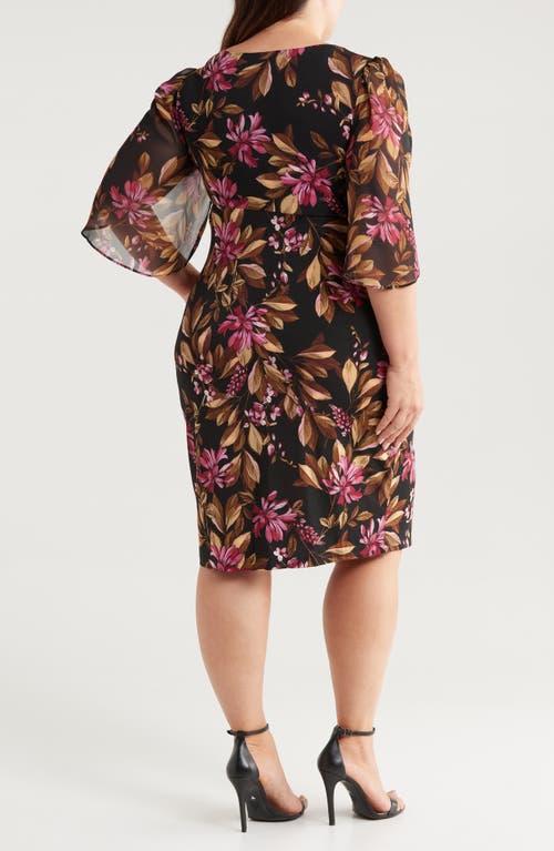 Shop Connected Apparel Floral Chiffon Sleeve Faux Wrap Dress In Merlot