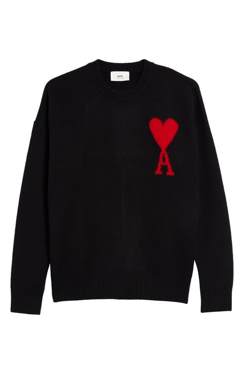 AMI Paris Mattiussi Men's Monogram Crewneck Wool Sweater in Black/Red/009