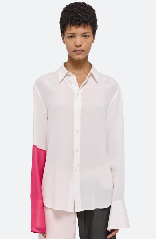 Shop Helmut Lang Relaxed Silk Button-up Shirt In White/fuschia