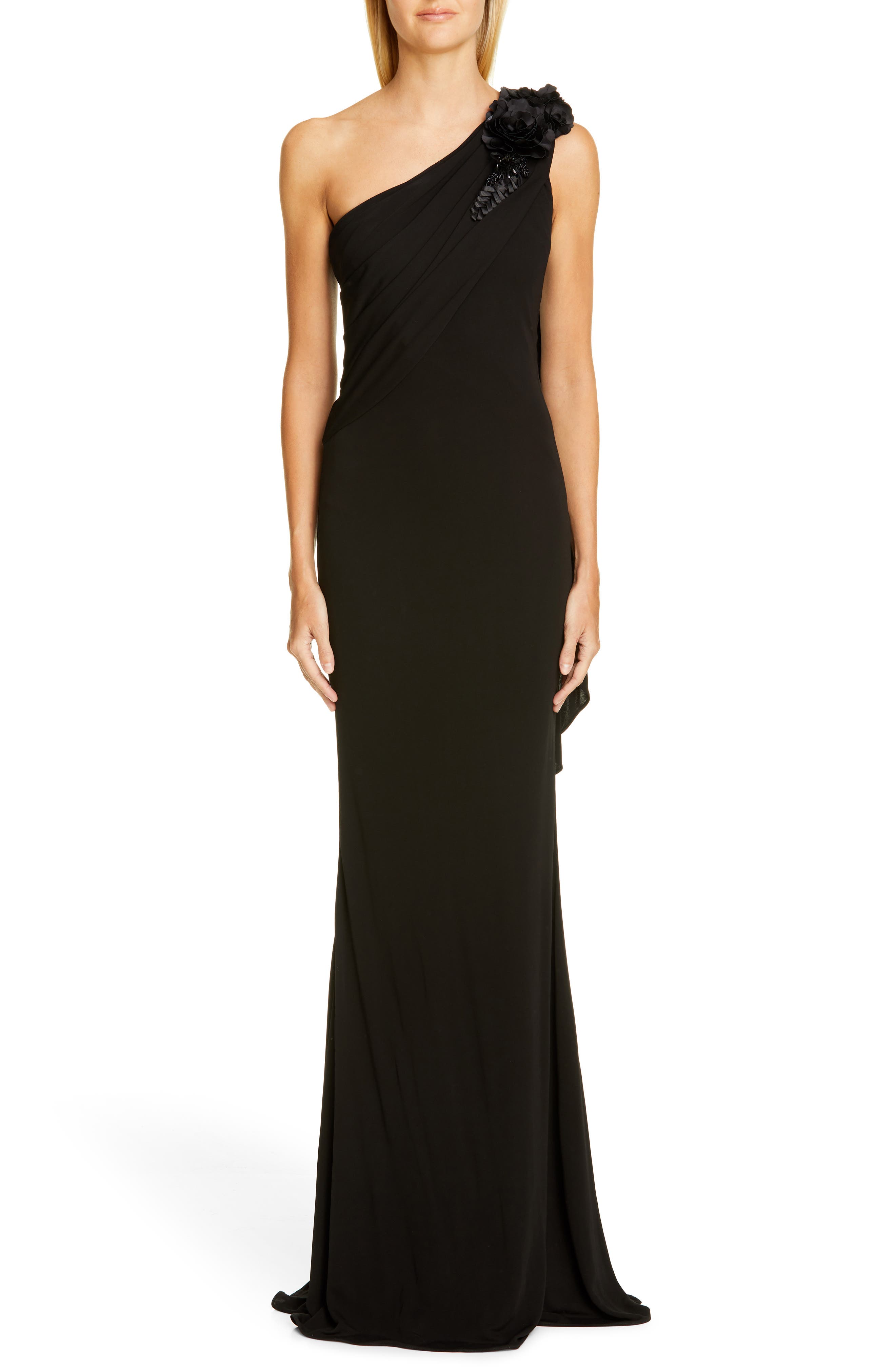 Badgley Mischka One-Shoulder Trumpet Gown, Black