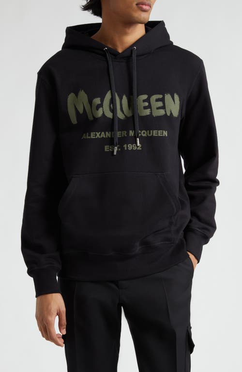 Shop Alexander Mcqueen Graffiti Logo Cotton Graphic Hoodie In Black/khaki