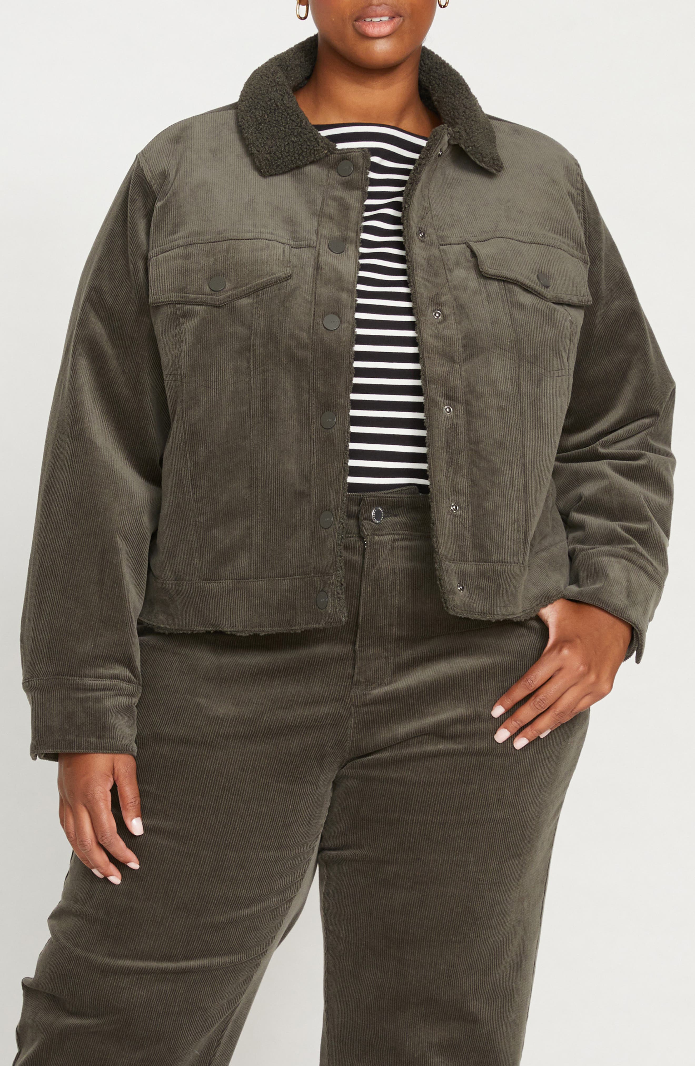 Universal Standard Parker Teddy Lined Stretch Corduroy Jacket in Nori 