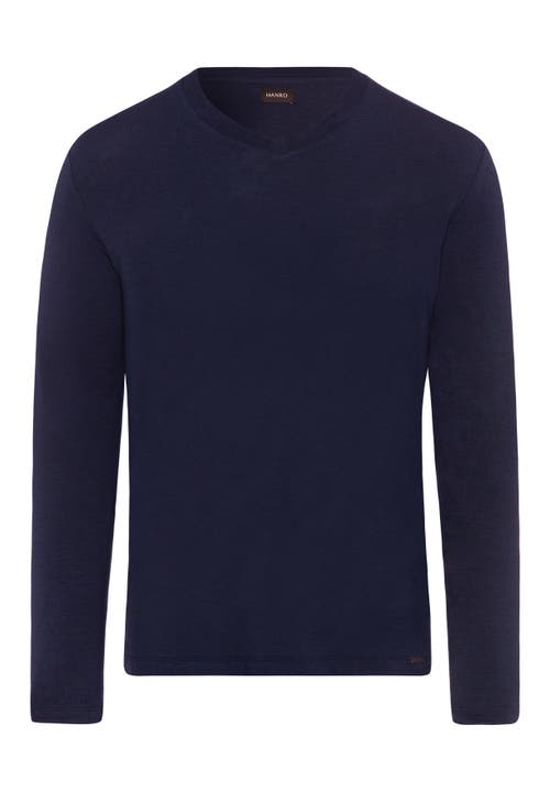 Hanro Cotton Blend Long Sleeve V Neck Tee In Deep Navy