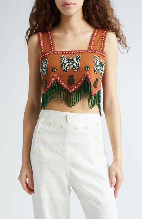 Bode Athalia Beaded Fringe Crop Top Maroon Multi at Nordstrom,