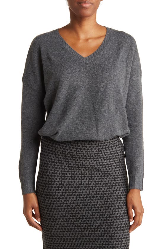 Adrianna Papell Ribbed Trim V-neck Tunic Sweater In Heather Charcoal