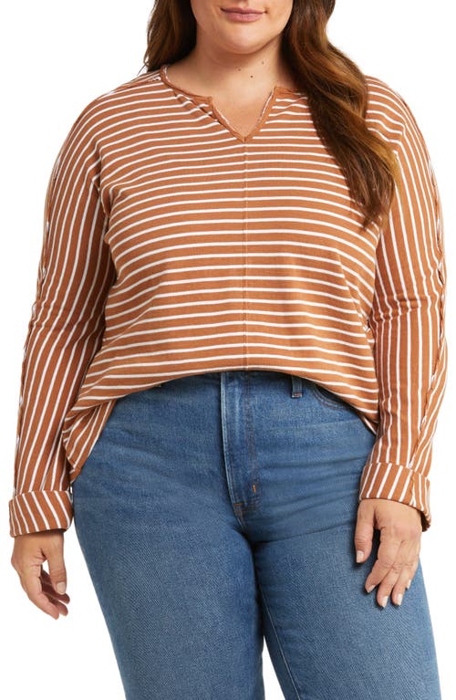 caslon(r) Split Neck Sweatshirt in Rust Argan Oil- White Stripe