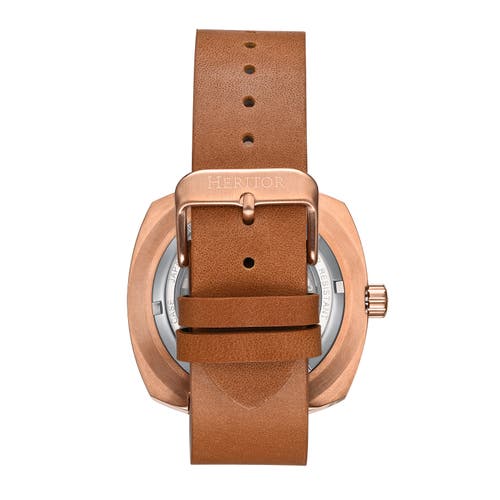 Heritor Automatic Davenport Engraved-case Leather-band Watch W/ Date In Rose Gold/light Brown