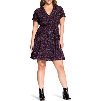 Plus Size City Chic Sweet Ditsy Button Down Dress, Black