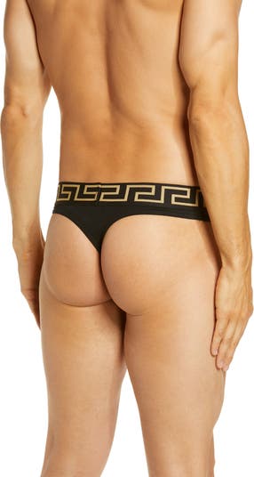 NWT Versace First Line Logo Stretch Cotton Thong- Bluette/Gold - 4