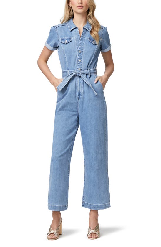 PAIGE ANESSA PUFF SLEEVE CROP WIDE LEG DENIM JUMPSUIT