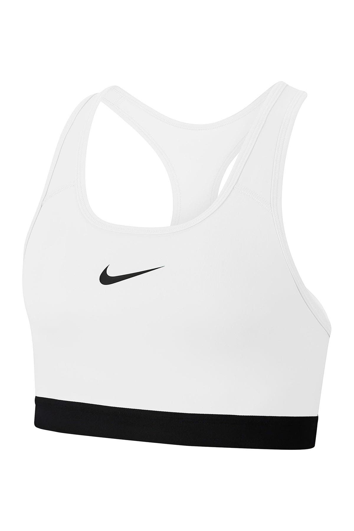 Nike Swoosh Logo Racerback Sports Bra In White/black | ModeSens