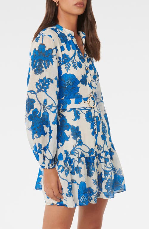 Shop Ever New Aurora Floral Long Sleeve Belted Ramie Skater Dress In Large Blue Leila Chintz