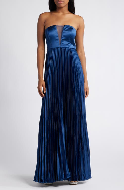 Lulus Perfected Elegance Strapless Pleated Satin Gown in Blue 