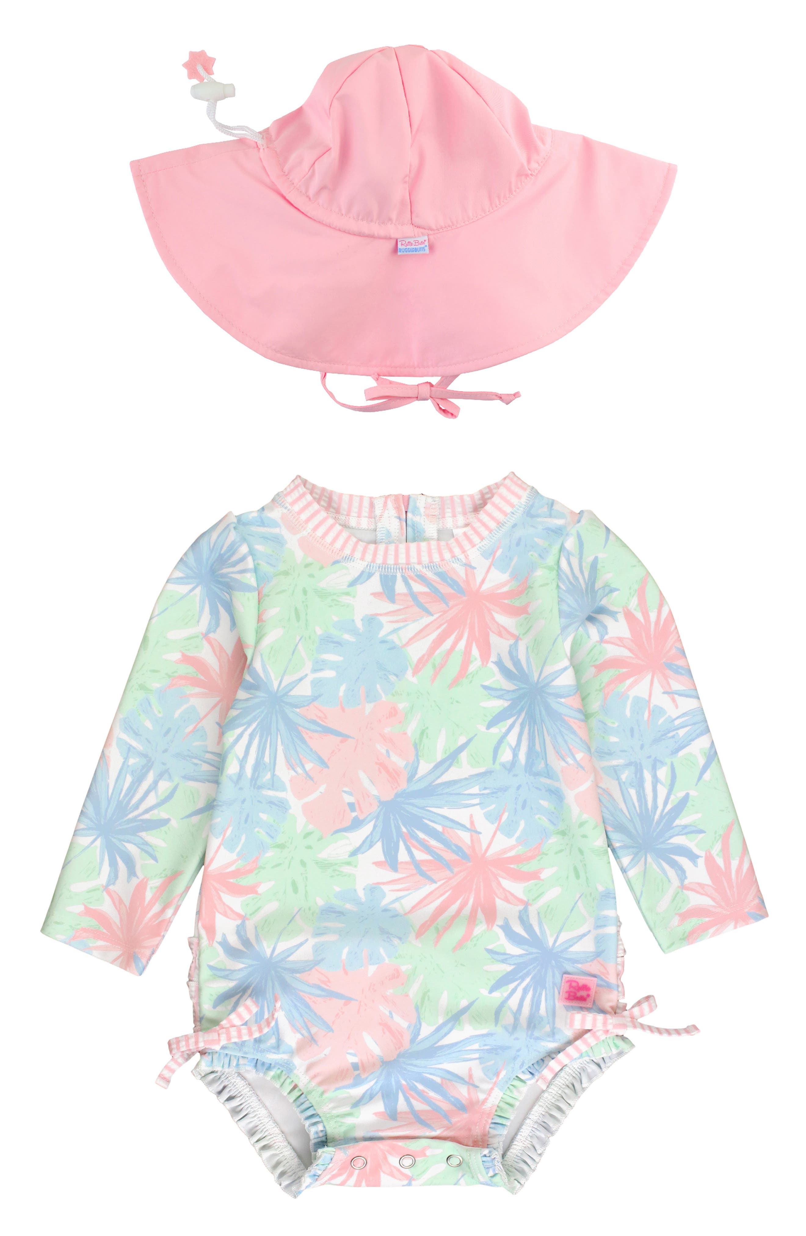 RuffleButts Pastel Palms Long Sleeve One-Piece Swimsuit & Hat Set in Pink 