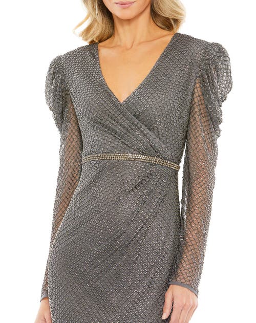 Mac Duggal Beaded Wrap Over Puff Sleeve Dress In Charcoal