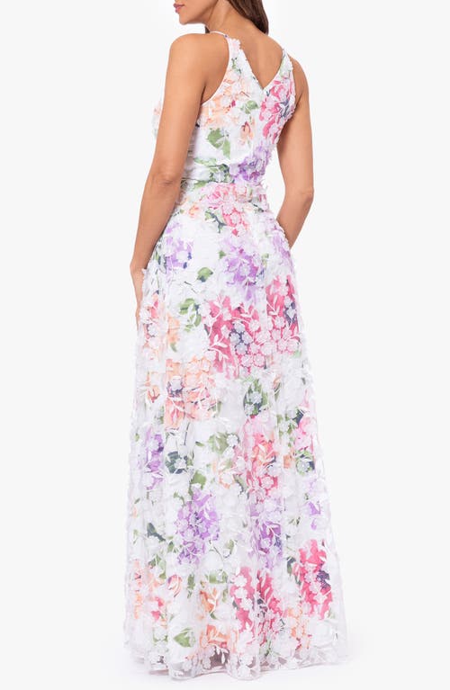Xscape Evenings Floral Appliqué Sleeveless Gown In White/ Pink/ Green