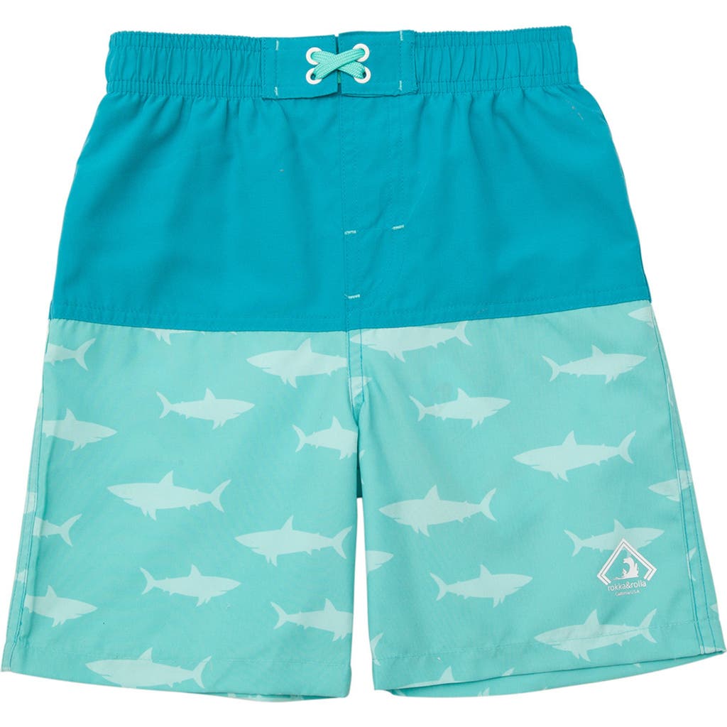 Rokka&rolla Toddler Swim Trunks With Mesh Lining Upf 50+ In Teal Blue Shark