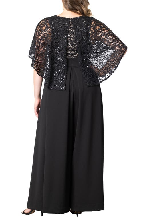Kiyonna Sequin Lace Cape Jumpsuit In Black/nude