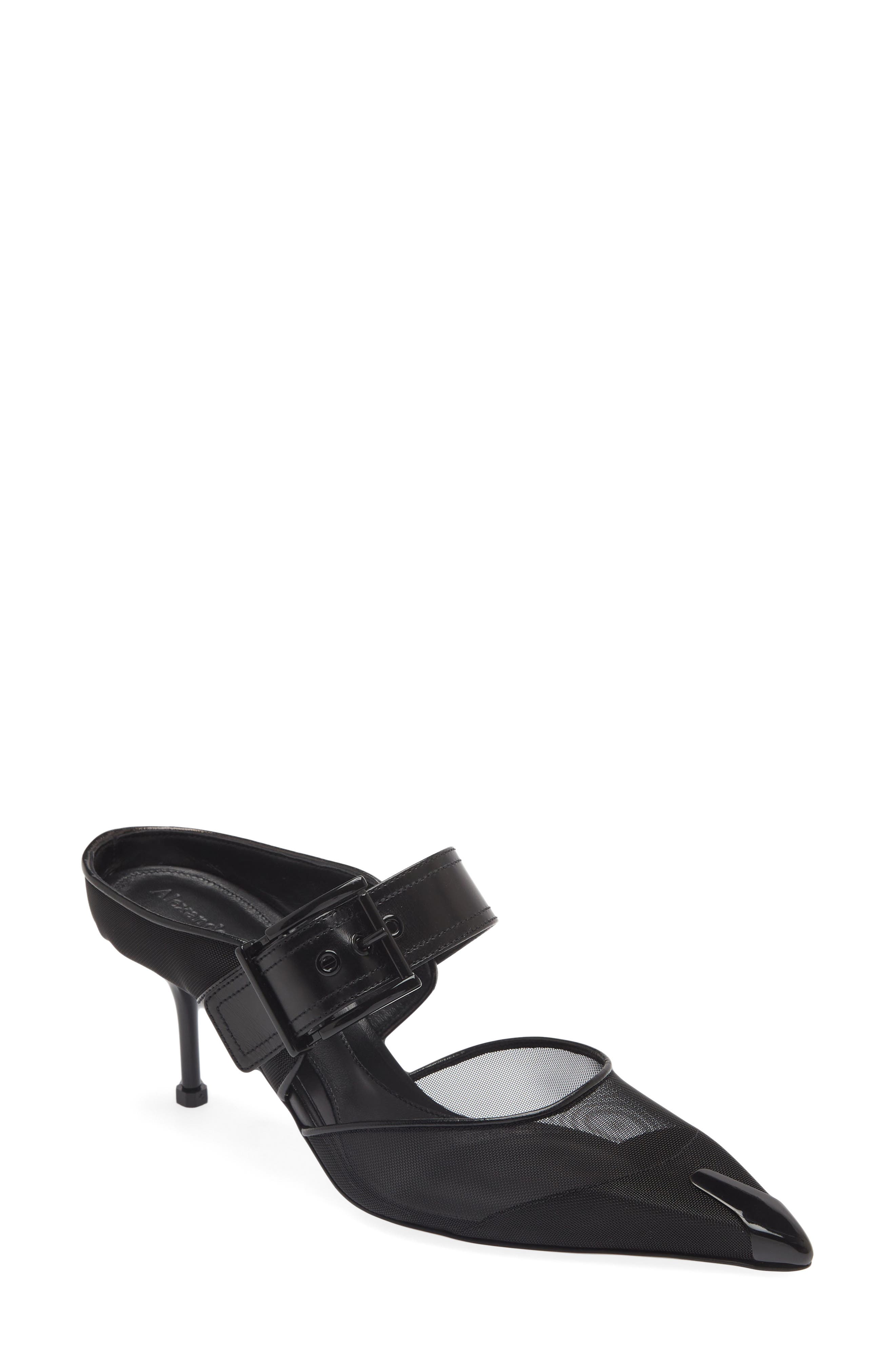 Alexander McQueen Leather Mesh Buckle Stiletto Mules, Blackblack, Women's, 8b / 38EU, Pumps & High Heels High Heeled Mules