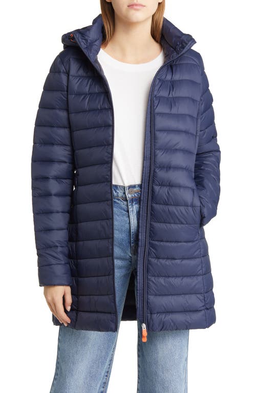 Save The Duck Carol Water Repellent Long Puffer Coat with Removable Hood in Navy