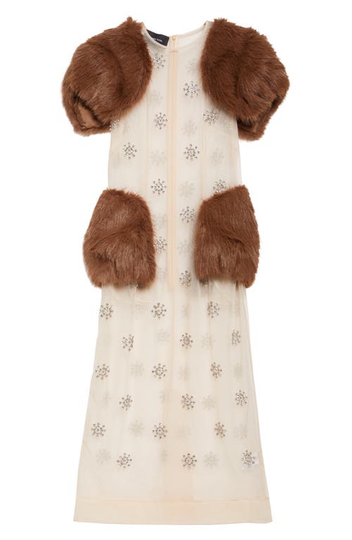Simone Rocha Embellished Faux Fur-trimmed Tulle Midi Dress In Sheer Ivory/diamante/brown