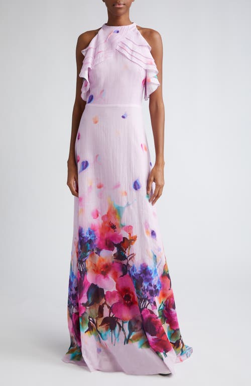 Lela Rose Watercolor Floral Print Ruffle Cotton Voile Gown Orchid Multi at Nordstrom,