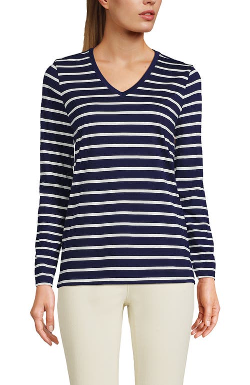 Shop Lands' End Relaxed Supima Cotton Long Sleeve V-neck T-shirt In Deep Sea Navy Breton Stripe