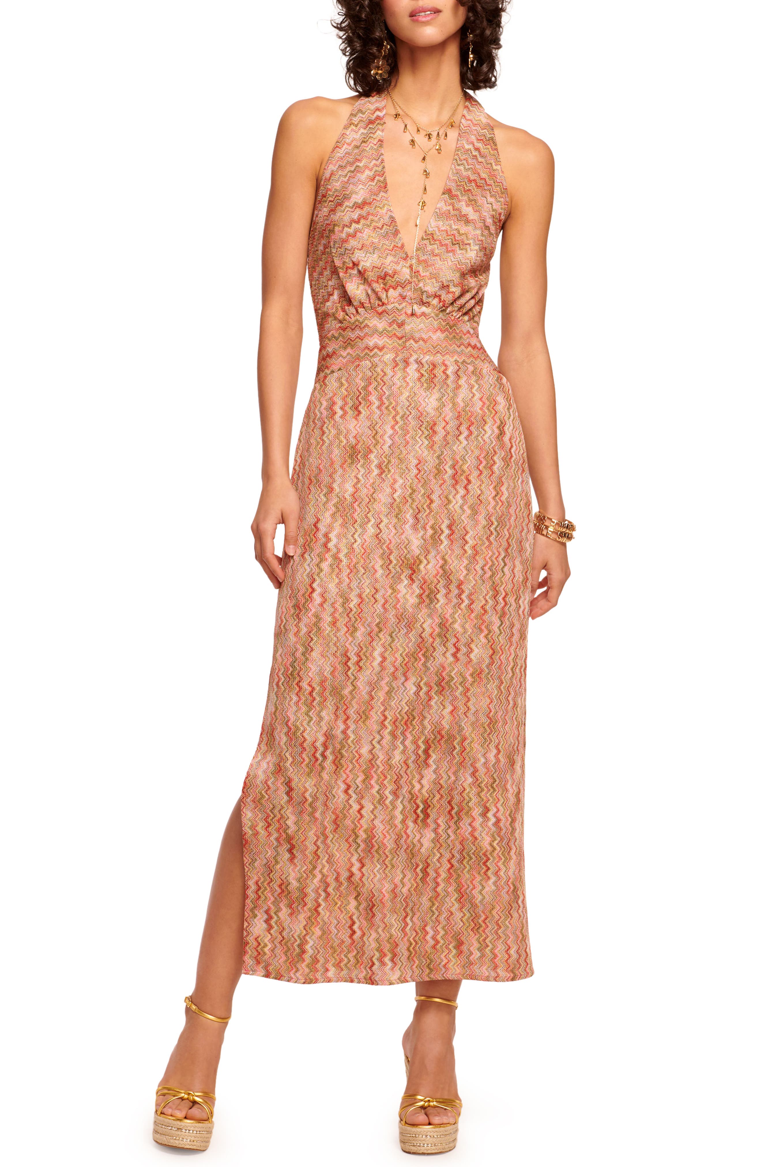 Nordstrom Ramy Brook Henrietta Chevron Stripe Halter Midi Dress Pink Punch  at Nordstrom, | The Summit