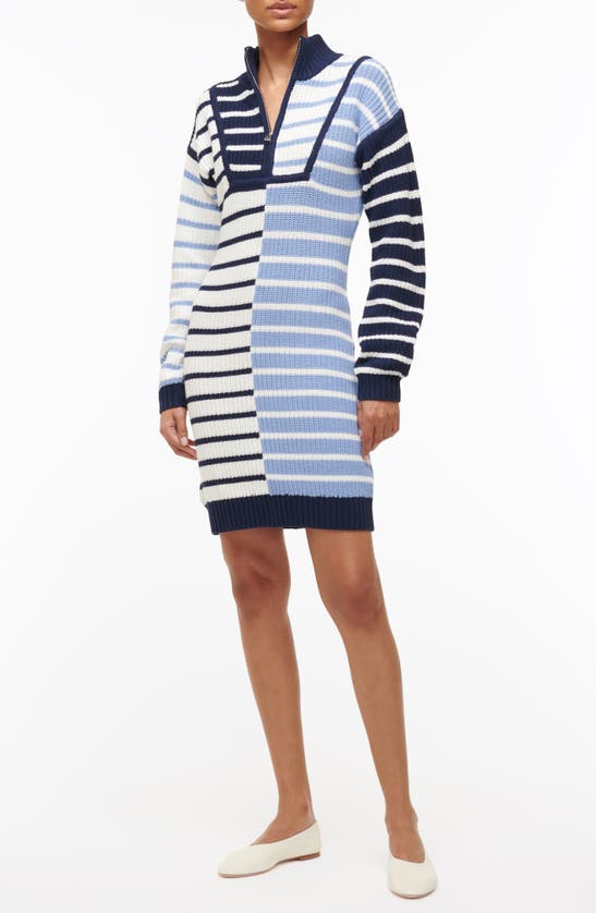 Shop Staud Mixed Stripe Long Sleeve Cotton Blend Sweater Dress In Adriatic Stripe