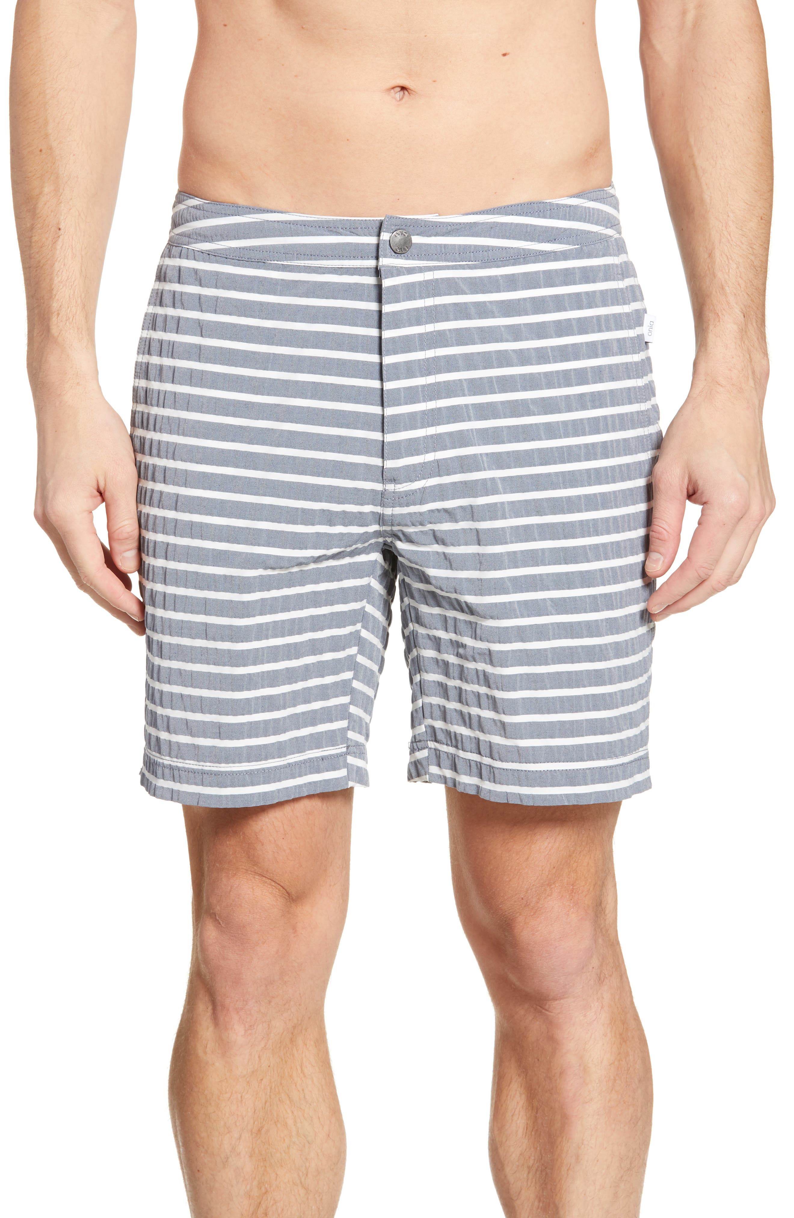 Onia Calder Macro Seersucker Swim Trunks, Grey