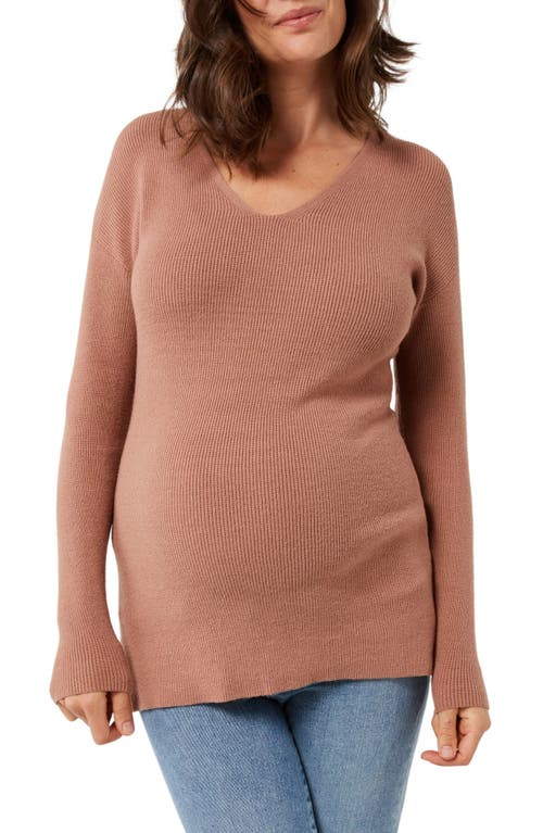 A PEA IN THE POD Rib V-Neck Maternity Sweater in Beaver Fur