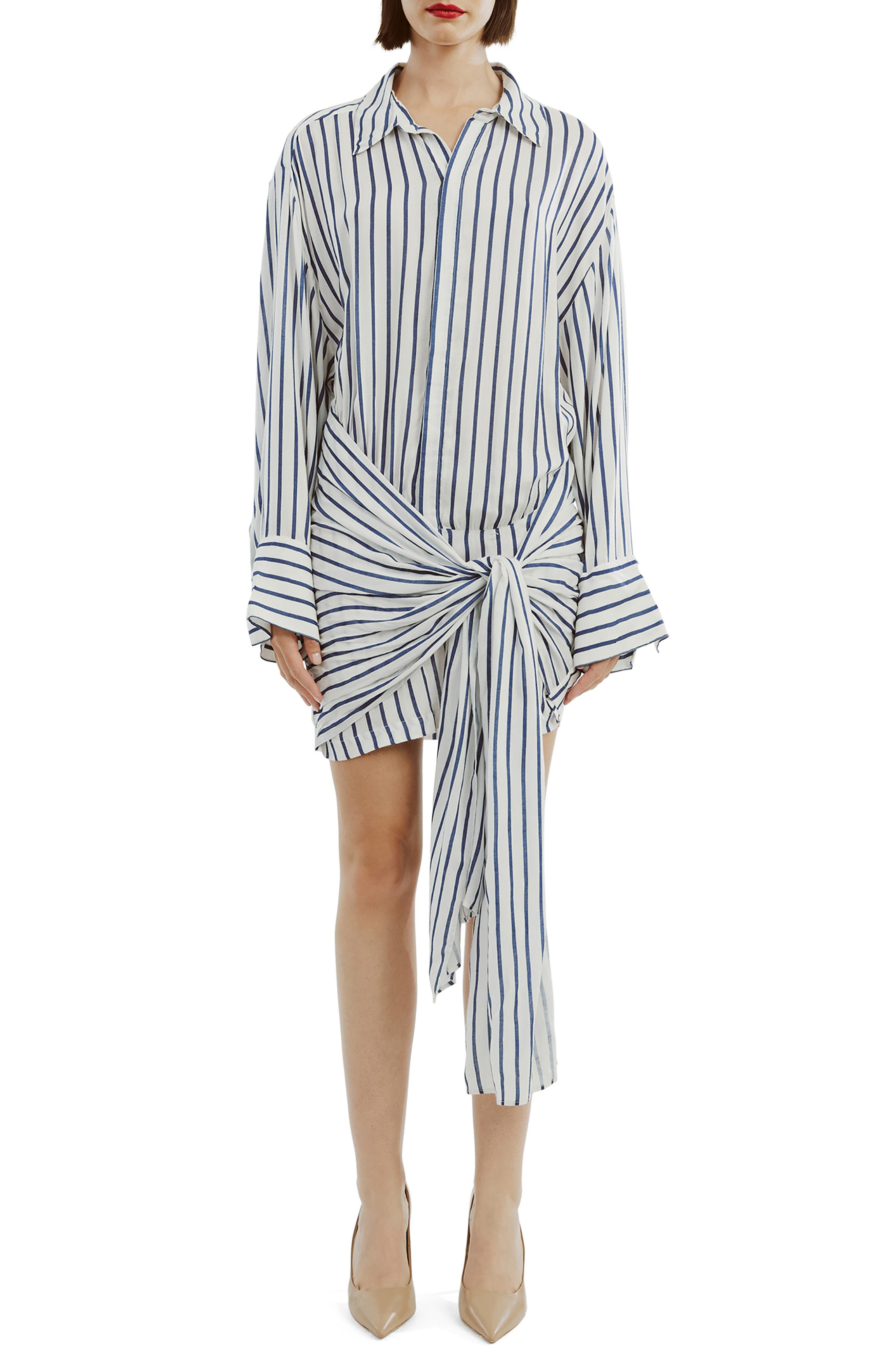 Bardot Malira Stripe Long Sleeve Shirtdress In Navy/white | ModeSens