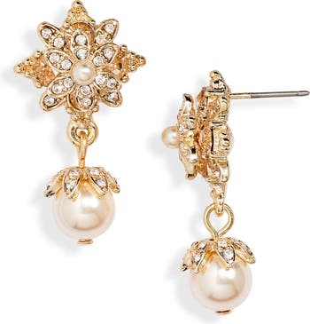 Chanel Dangling Pearl and Chain Earrings studded with Crystals in
