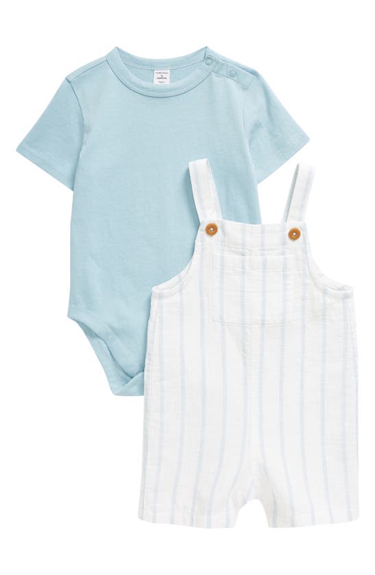 Nordstrom Babies' Cotton Bodysuit & Shortalls Set In White- Blue Spaced Stripe