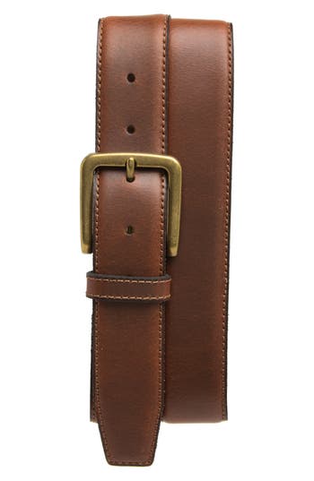 Shop Frye 35mm Stitched Feather Edge Leather Belt In Tan/antique Brass