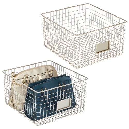 Mdesign Bedroom Closet Storage Organizer Basket With Label Slot, 2 Pack In Satin