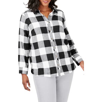 Plus Size Foxcroft Rhea Buffalo Check Brushed Cotton Blend Shirt, Black