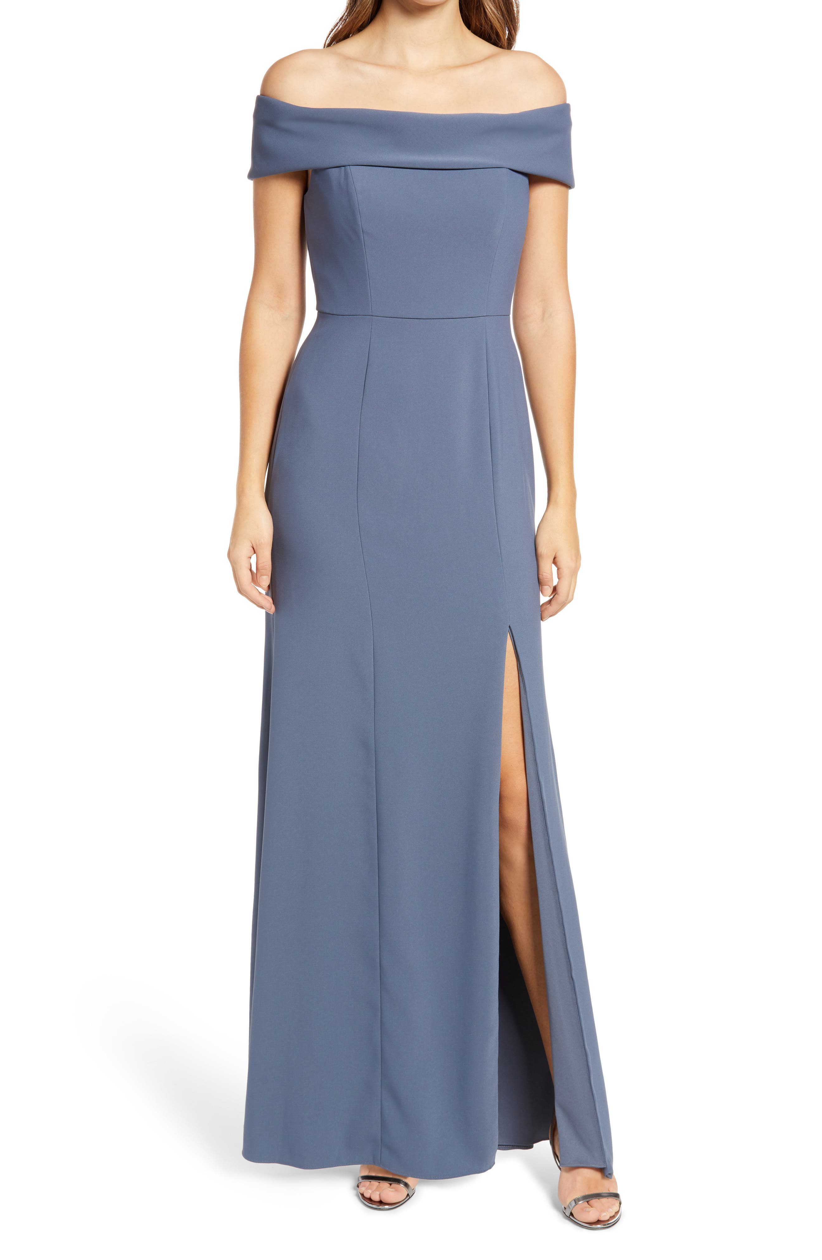 dessy collection off the shoulder crepe gown