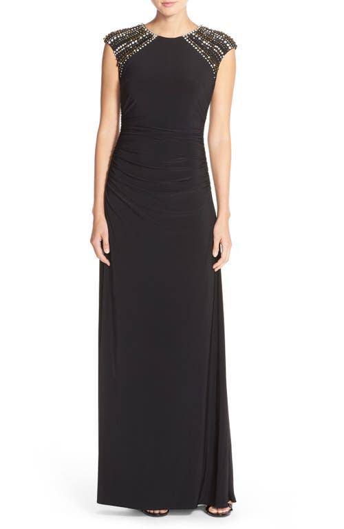 Embellished Jersey A-Line Dress in Black/Nude
