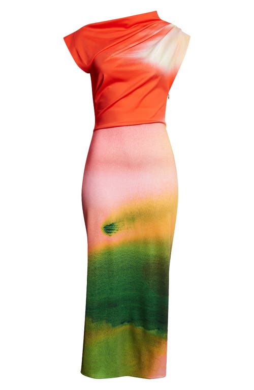 Oscar De La Renta Draped Abstract Watercolor Jersey Dress In Vermillion Multi